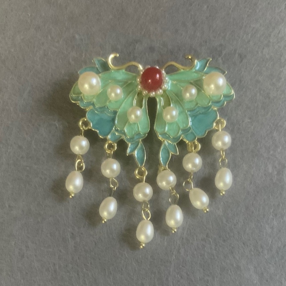 Gold Tone Enamel Butterfly Brooch Pin Pearl Tassel Hanfu Chinese Style Jewelry